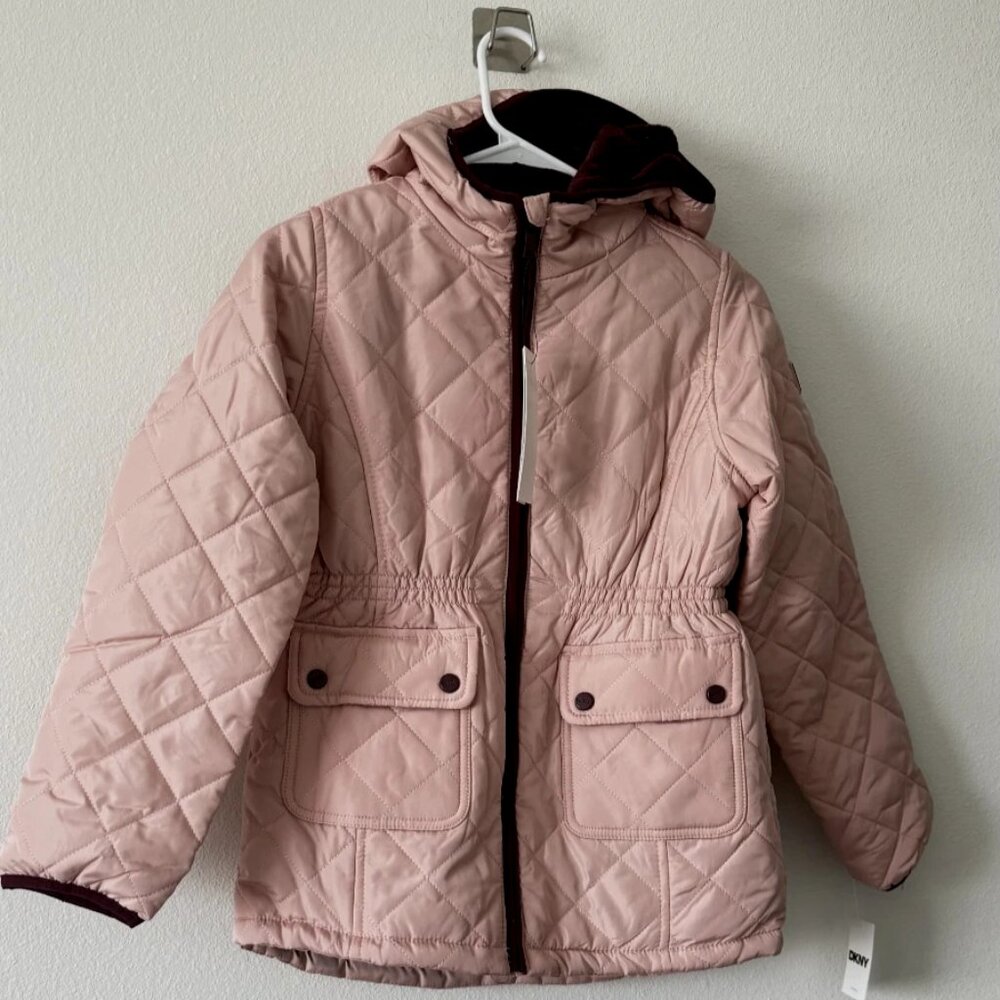 DKNY Girl's Diamond Quilted Warm Jacket Faux Fur Lined Hooded Pink M 10-12 NWT